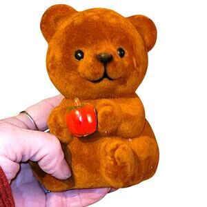 Vintage Flocked Teddy Bear Holding An Apple Bank Teacher Cottagecore KidCore